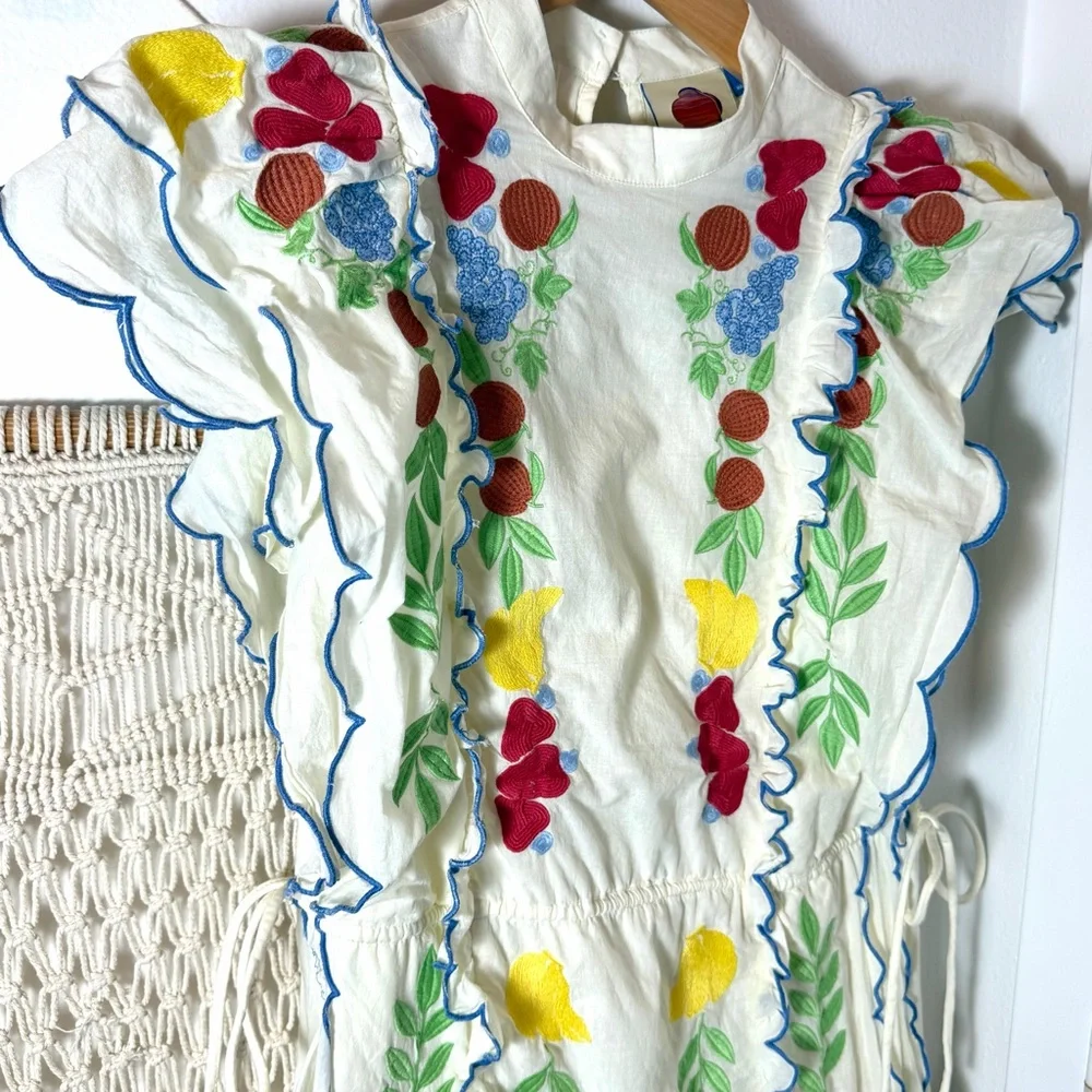Farm Rio Anthropologie Garden Southern Cute Embroidered Cream Fruit Fern Dress S - Picture 10 of 13
